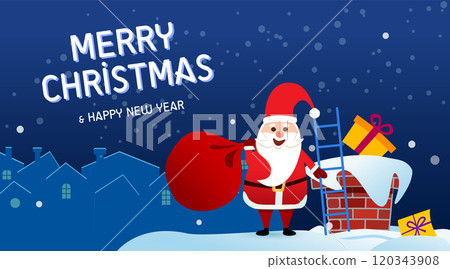 Merry Christmas and happy New Year. Santa Claus puts gifts in a chimney out of a bag.. 120343908