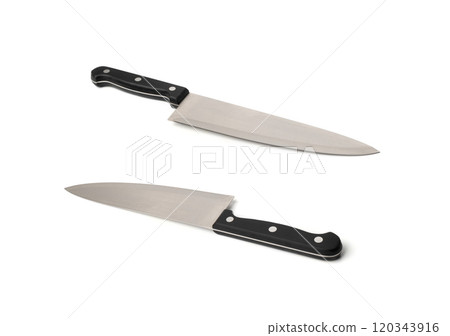 Steel Kitchen Knife Isolated, Convenient Kitchen Knives, Big Knife with a Black Handle on White 120343916