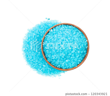Blue Salt Crystals in Wood Bowl Isolated, Bath Salt for Spa Relax, Cupric Sulfate or Copper Sulfate 120343921