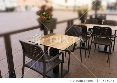 Street Restaurant Table, Empty Cafe Tables, Bar Terrace, Outdoor Restaurants, Outside Trattoria Street Restaurant Table, Empty Cafe Tables, Bar Terrace, Outdoor Restaurants, Outside Trattoria 120343923