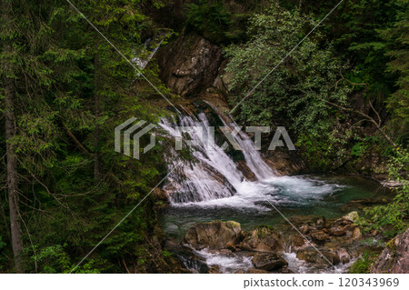 Mountain landscape, dark spruce forest in cloudy weather. High Tatras mountains of Tatra national park 120343969