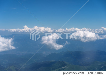 Blue Sky with White Clouds, Flying above Sunny Cloudy Sky Texture Pattern, Fluffy Clouds Plane View Blue Sky with White Clouds, Flying above Sunny Cloudy Sky Texture Pattern, Fluffy Clouds Plane View 120344007