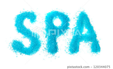 SPA Letters made of Blue Salt Crystals Isolated, Bath Salt for Spa Relax, Cupric Sulfate or Copper Sulfate 120344075