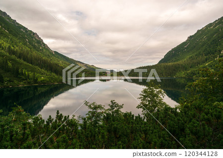 Alpine lake landscape, Morskie Oko or Sea Eye in high Tatras mountain of Tatra national park, Poland Alpine lake landscape, Morskie Oko or Sea Eye in high Tatras mountain of Tatra national park, Poland 120344128