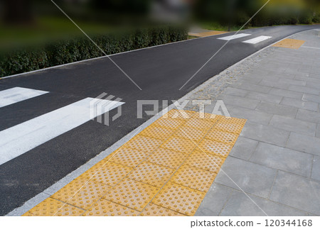 Paved Pedestrian Crossing, Grey White Crosswalk, Safety Zebra on Modern Tiles Pathway 120344168