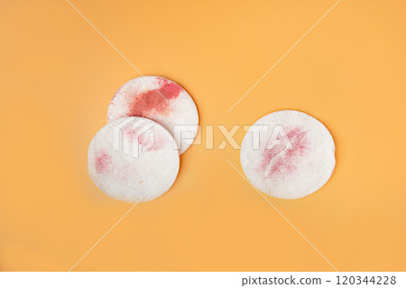 Dirty Cotton Pads, Makeup Removal, Used Cotton Disks after Makeup Cleansing, Removing Make Up 120344228