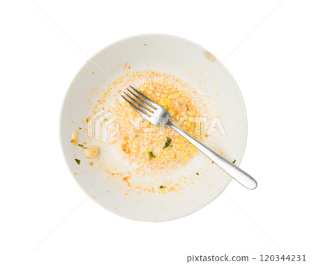 Dirty Plate Isolated, Empty Bowl after Dinner, Finished Lunch, Oil and Smeared Sauce on White Plate Dirty Plate Isolated, Empty Bowl after Dinner, Finished Lunch, Oil and Smeared Sauce on White Plate 120344231