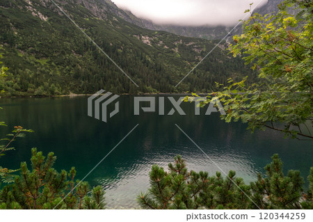 Alpine lake landscape, Morskie Oko or Sea Eye in high Tatras mountain of Tatra national park, Poland 120344259