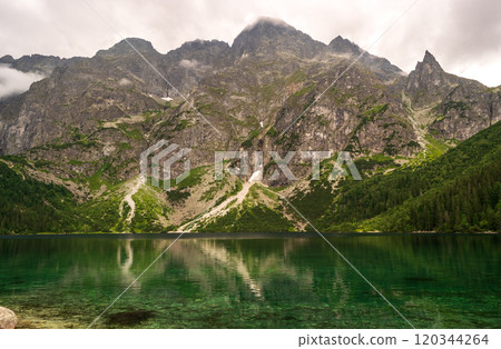 Alpine lake landscape, Morskie Oko or Sea Eye in high Tatras mountain of Tatra national park, Poland Alpine lake landscape, Morskie Oko or Sea Eye in high Tatras mountain of Tatra national park, Poland 120344264