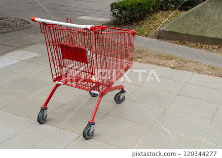 Shopping Cart, Abandoned Shopping Basket near the Supermarket, Red Shop Cart Outdoor, Empty Trolley 120344277