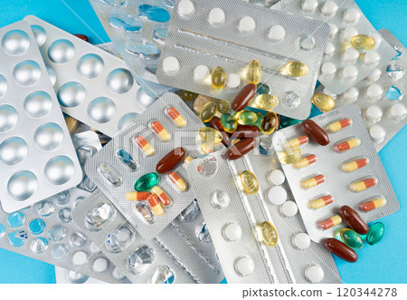 Pill Blister on Color Background, Silver Medicine Capsule Package, Drugs Packaging, Pill Pack 120344278