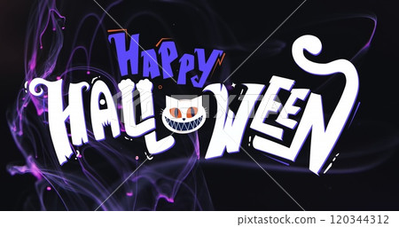 Image of happy halloween text and cat over black background 120344312