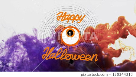 Image of happy halloween text and eye over purple and white background Image of happy halloween text and eye over purple and white background 120344313