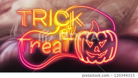 Image of trick or treat text and pumpkin over pink smoke background 120344315