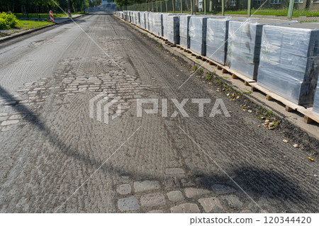 Historical Stone Pavement under Asphalt, Eternal Ancient Roads, Millennial Quality Historical Stone Pavement under Asphalt, Eternal Ancient Roads, Millennial Quality 120344420