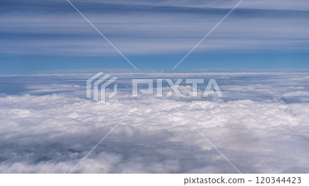 Blue Sky with White Clouds, Flying above Sunny Cloudy Sky Texture Pattern, Fluffy Clouds Plane View 120344423