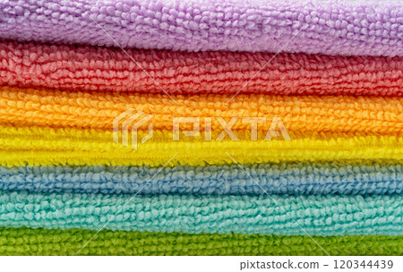 Cleaning cloth macro texture background. Wipe rag pattern, cleaning microfiber towel banner, wiping napkin 120344439