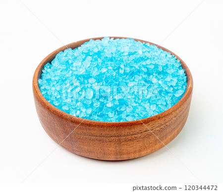 Blue Salt Crystals in Bowl Isolated, Bath Salt for Spa Relax, Cupric Sulfate or Copper Sulfate, Swimming Pool 120344472
