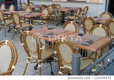 Street Restaurant Table, Empty Cafe Tables, Bar Terrace, Outdoor Restaurants, Outside Trattoria 120344475