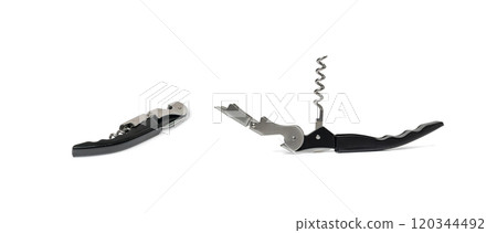 Black Corkscrew Isolated, Wine Bottle Opener, Metal Cork Screw on White 120344492