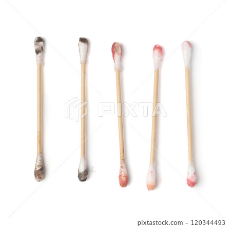 Dirty Cotton Pads and Swabs Isolated, Makeup Removal, Used Cotton Disks after Makeup Cleansing 120344493
