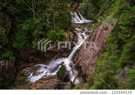 Mountain landscape, dark spruce forest in cloudy weather. High Tatras mountains of Tatra national park Mountain landscape, dark spruce forest in cloudy weather. High Tatras mountains of Tatra national park 120344524