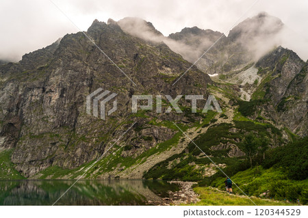 Alpine lake landscape, Morskie Oko or Sea Eye in high Tatras mountain of Tatra national park, Poland Alpine lake landscape, Morskie Oko or Sea Eye in high Tatras mountain of Tatra national park, Poland 120344529