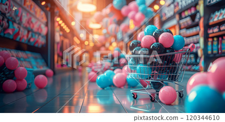 A shopping cart brimming with vibrant air balloons stands in a lively store aisle, seasonla sale and shopping concept 120344610