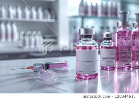 Vial of pink liquid cure and syringe sit on a clean table surrounded by various medical supplies in a bright modern clinic 120344613