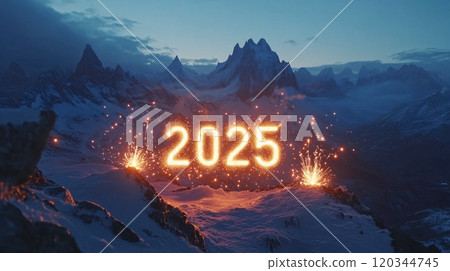 Happy New Year 2025 background design. A glowing neon sign "2025" on a snowy mountain with sparkle fireworks and snow at night. AI generated. 120344745
