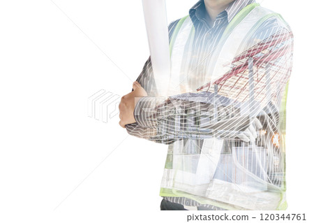 Double exposure image of professional engineer in protective helmet and blueprints paper at building construction site 120344761