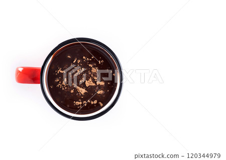Hot chocolate drink in red mug isolated on white background 120344979