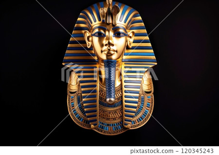Egyptian Pharaoh funerary mask isolated on black background. Golden Mask of Tutankhamun. Traditions and customs of ancient Egypt. Carnival mask for festival. For history, culture, art projects. 120345243
