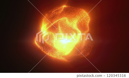 Orange particles in an abstract swirling sphere shape emitting intense light against a black background creating a fiery effect background 120345316