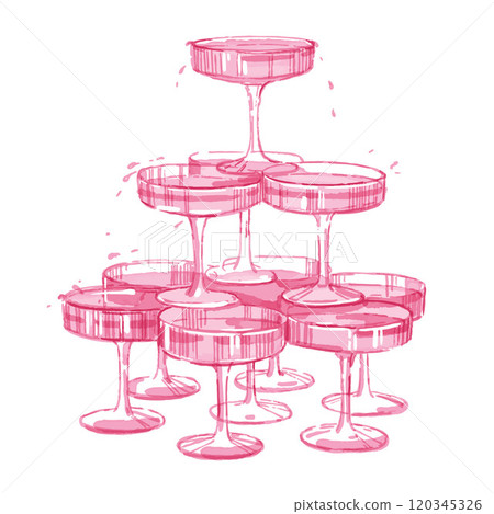 Champagne tower pink illustration, vector watercolor cocktail glass pyramid girly bachelorette party 120345326