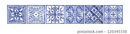 Blue azulejo decorative tile set, vector hand drawn Portugal ceramic antique traditional ornament. Blue azulejo decorative tile set, vector hand drawn Portugal ceramic antique traditional ornament. 120345330