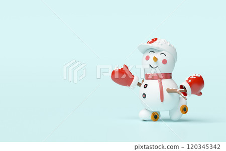 3d snowman in hat and warm mittens roller skating isolated on blue background. merry christmas, festive new year concept, 3d render illustration 120345342