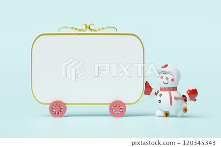 3d snowman in hat and warm mittens roller skating pushing billboards isolated on blue background. merry christmas, festive new year concept, 3d render illustration 3d snowman in hat and warm mittens roller skating pushing billboards isolated on blue background. merry christmas, festive new year concept, 3d render illustration 120345343
