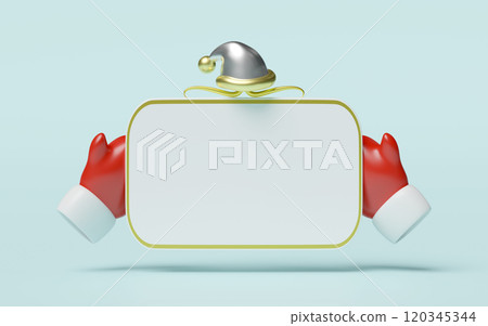 3d warm mittens holding billboard with Santa hat isolated on blue background. merry christmas, festive new year concept, 3d render illustration 120345344