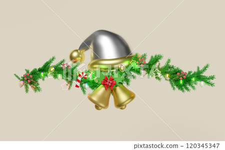 3d Decorated with hat, branches of pine trees, Jingle bell, candy cane, red bow, holly berry leaves, lantern garlands, star isolated on beige background. merry christmas, 3d render illustration 3d Decorated with hat, branches of pine trees, Jingle bell, candy cane, red bow, holly berry leaves, lantern garlands, star isolated on beige background. merry christmas, 3d render illustration 120345347