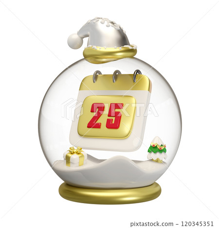 3d calendar on December 25th in snow globe glass transparent with gift box, christmas tree isolated. happiness cards, merry christmas, festive New Year concept, 3d render 120345351