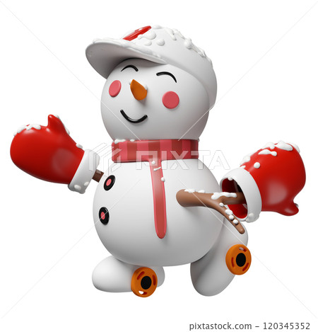 3d snowman in hat and warm mittens roller skating isolated. merry christmas, festive new year concept, 3d render illustration 120345352