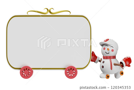 3d snowman in hat and warm mittens roller skating pushing billboards isolated. merry christmas, festive new year concept, 3d render illustration 3d snowman in hat and warm mittens roller skating pushing billboards isolated. merry christmas, festive new year concept, 3d render illustration 120345353