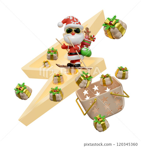 Santa Claus sunglasses skiing with thunderbolt, basket, gift box isolated. flash sale banner, online shopping, merry christmas, festive new year holiday concept, 3d render illustration 120345360