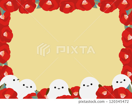 Cute long-tailed tit and camellia flower background 120345472