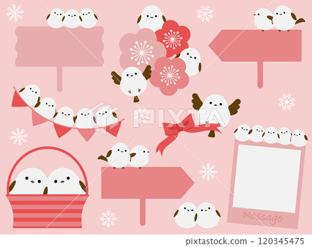 Cute long-tailed tit frame and decoration set in pink Cute long-tailed tit frame and decoration set in pink 120345475