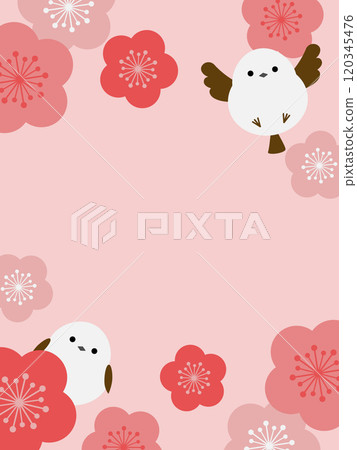 Cute long-tailed tit and plum blossom background 120345476