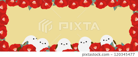 Cute long-tailed tit and camellia flower banner 120345477