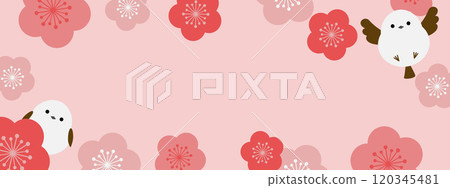 Cute long-tailed tit and plum blossom banner 120345481
