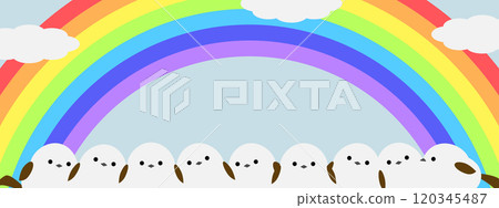 Cute long-tailed tit and rainbow banner Cute long-tailed tit and rainbow banner 120345487